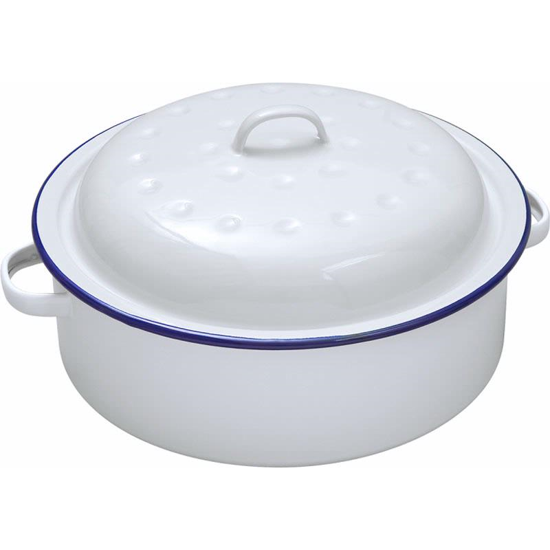 A round enamel roaster for the kitchen